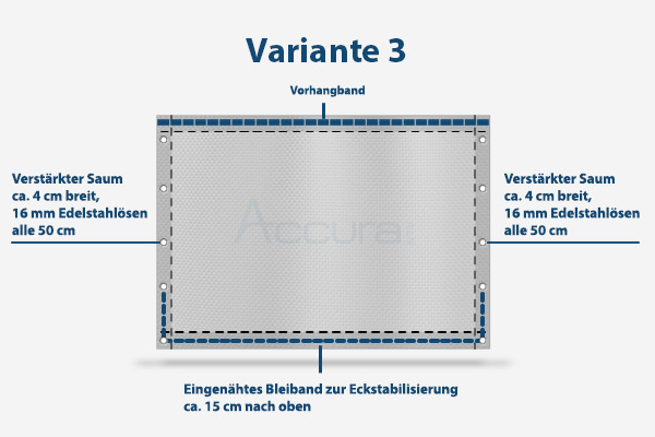 Flexible Seitenbefestigung: Konfiguration mit seitlichen Edelstahlösen und Bleiband-Abschluss. Konfigurations-Variante 3: Outdoor-Vorhang mit Vorhangband oben, seitlichen Ösen und eingenähtem Bleiband unten.