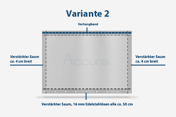 Variante 2: Bodenfixierung durch rostfreie Edelstahl-Ösen gegen starken Wind. Skizze Fresh Variante 2: Mit Edelstahl-Ösen im unteren Saum zur Fixierung.