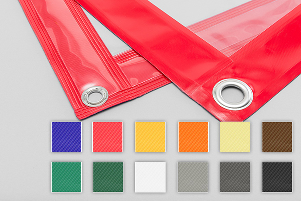 Die Saumfarbe ist im Konfigurator wählbar Vorder- und Rückseite einer transparenten PVC-Plane mit rotem LKW-Planen-Saum und Ösen sowie 12 Farbmustern für den Saum.