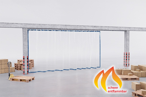 Industrievorhang aus PVC-Plane nach Maß transparent mit verstärktem Saum - Brandschutzklasse B1 (schwer entflammbar) gemäß DIN 4102