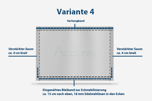 Kombinierte Stabilität: Bleiband für die Optik und Eck-Ösen für die punktuelle Sicherung Ihres Vorhangs. Konfiguration Structure Variante 4: Outdoor-Vorhang mit verstärktem Saum, Bleiband und zusätzlichen Ösen in den unteren Ecken.
