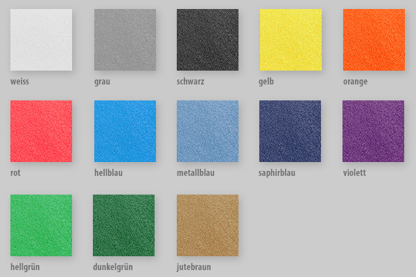 FRESH Farbpalette: 13 UV-beständige Farben zur individuellen Auswahl. Farben-Übersicht der 13 verfügbaren Farben für den reißfesten Outdoor-Vorhang Fresh nach Maß.