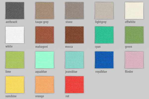 Gentle Farbpalette: Sie können Textil-Stoffproben nach Ihren Farbwünschen für Ihren Outdoor-Bereich per Mail anfordern. Übersicht der textilen Farb-Kacheln des blickdichten Outdoor-Vorhangs Gentle nach Maß in modernen Farb-Trends wie anthrazit, stone, offwhite, terracotta, etc.