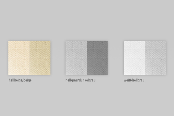 Farbübersicht: Wählen Sie Ihr Design für den Camouflage-Vorhang passend zu Ihrem Terrassenambiente. Farbauswahl für Outdoor-Vorhang Camouflage nach Maß in den Varianten Hellbeige/Beige, Hellgrau/Dunkelgrau und Weiß/Hellgrau.