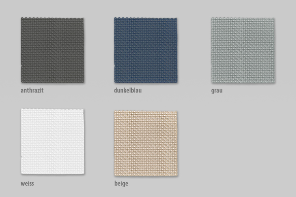 Zeitlose Farbauswahl: Die feine Schaftbindung des Modells Smooth in fünf eleganten Tönen. Stoffmuster des Outdoor-Vorhangs Smooth in den Farben Anthrazit, Grau, Weiß und Beige. Dunkelblau auf Anfrage.